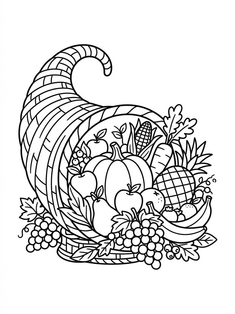 Cornucopia (Horn Of Plenty) With Fruits & Vegetables Coloring Page