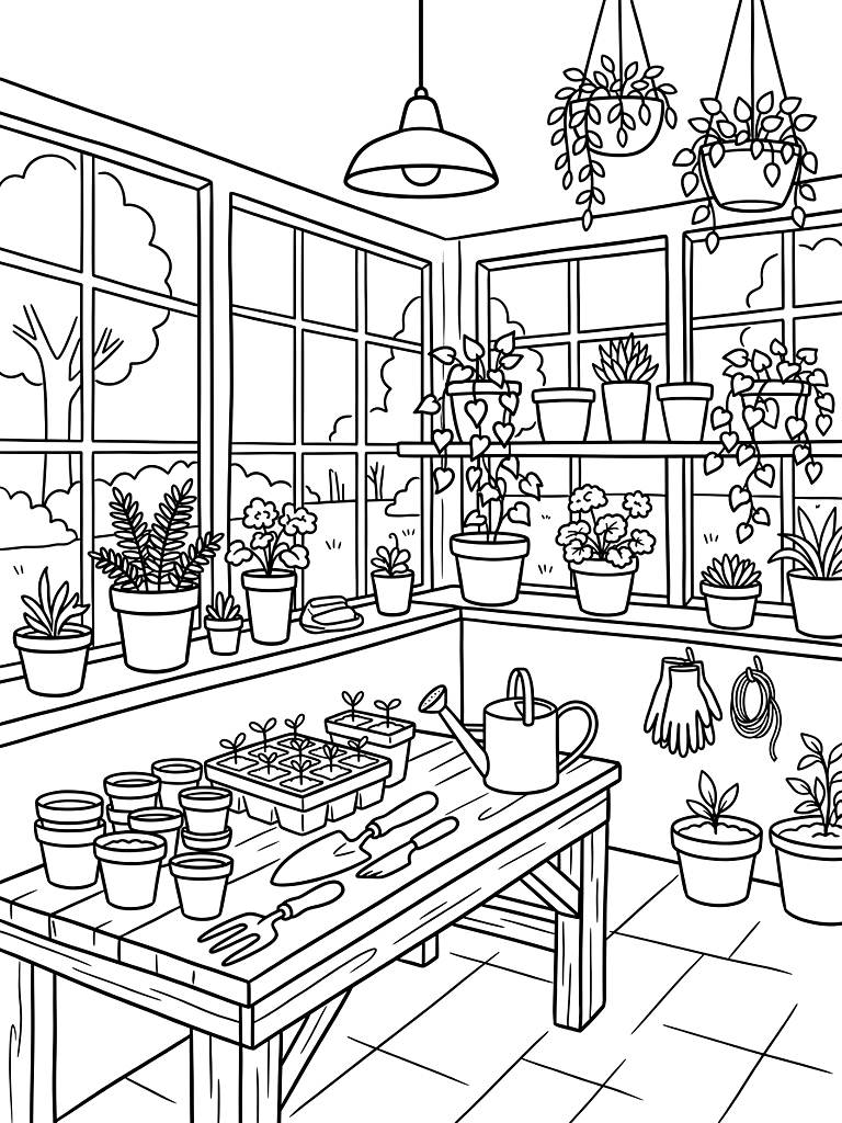 Cottage Sunroom Filled With Spring Seedlings And Tools Coloring Page