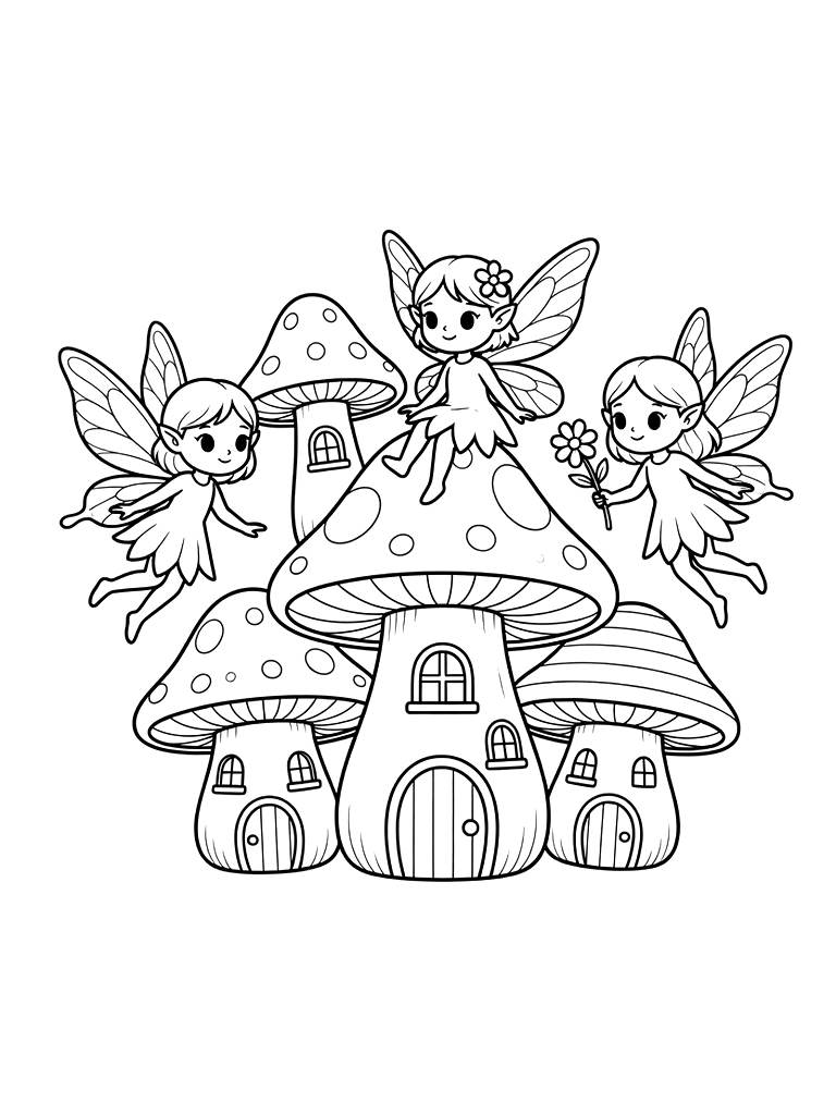 Cottagecore Mushroom Houses & Fairies Coloring Page