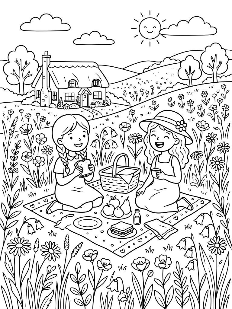 Cottagecore Picnic In Wildflower Meadow Coloring Page