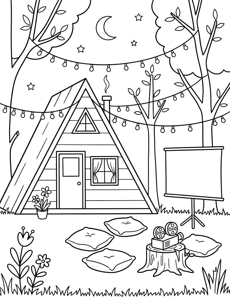 Cozy A-Frame Tiny Cabin With An Outdoor Movie Projector Screen String Lights And Floor Cushions On A Spring Evening Coloring Page