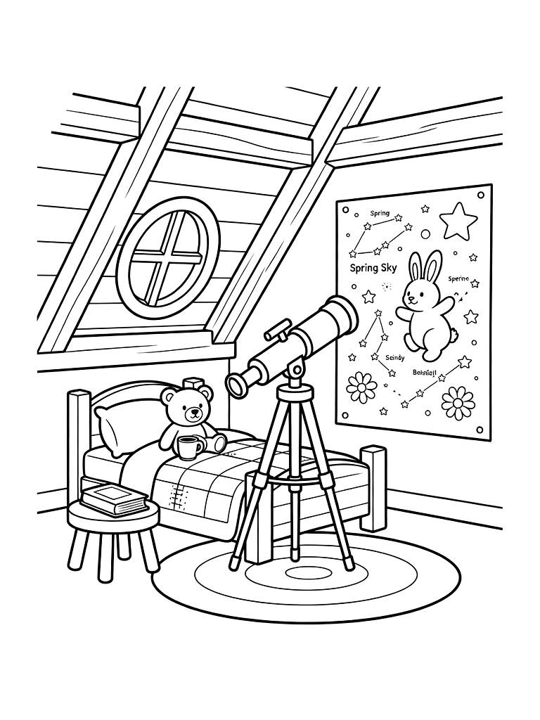 Cozy Attic Bedroom In A Timber Cottage With A Telescope Pointing At A Spring Star Map Coloring Page