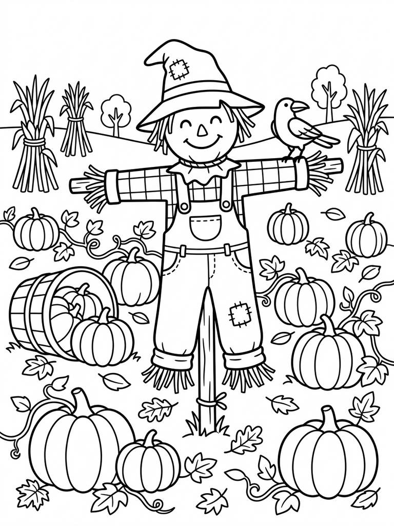 Cozy Autumn Scene With A Scarecrow In A Pumpkin Patch Coloring Page