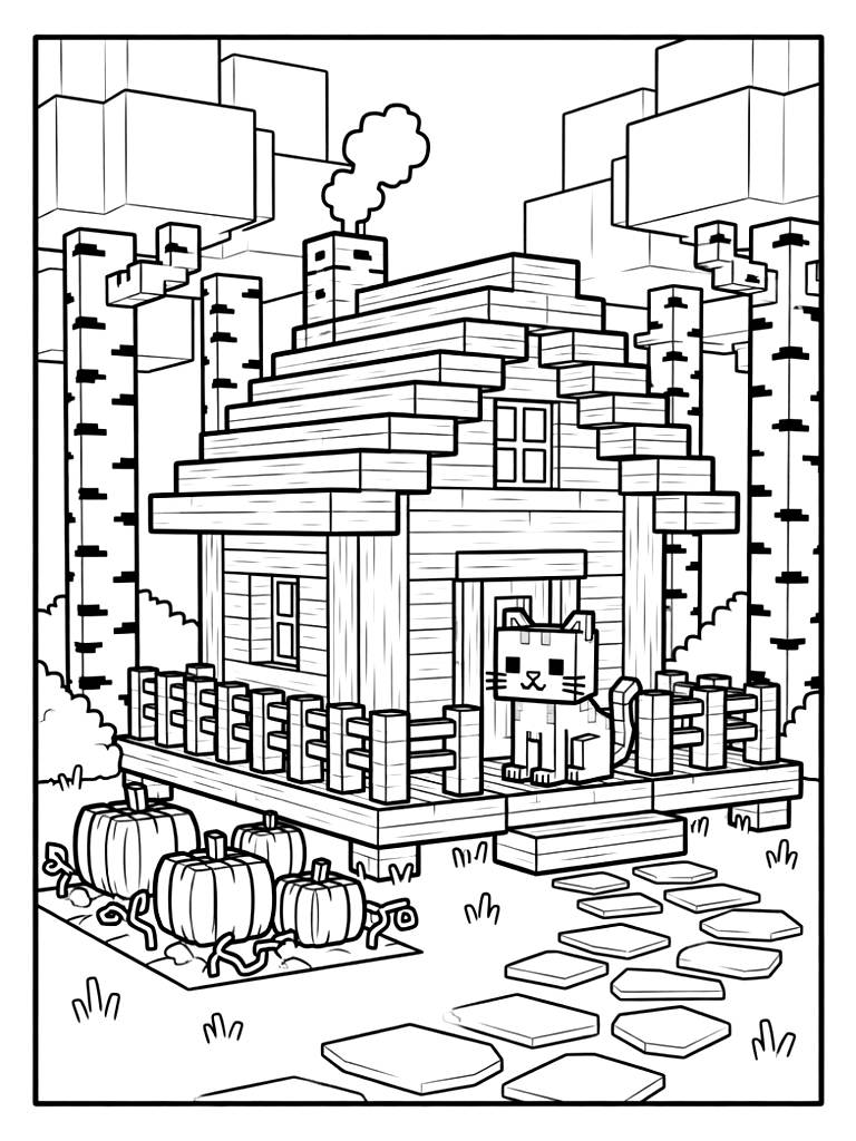 Cozy Blocky Minecraft Cottage Built In A Birch Forest With A Small Pumpkin Patch Coloring Page