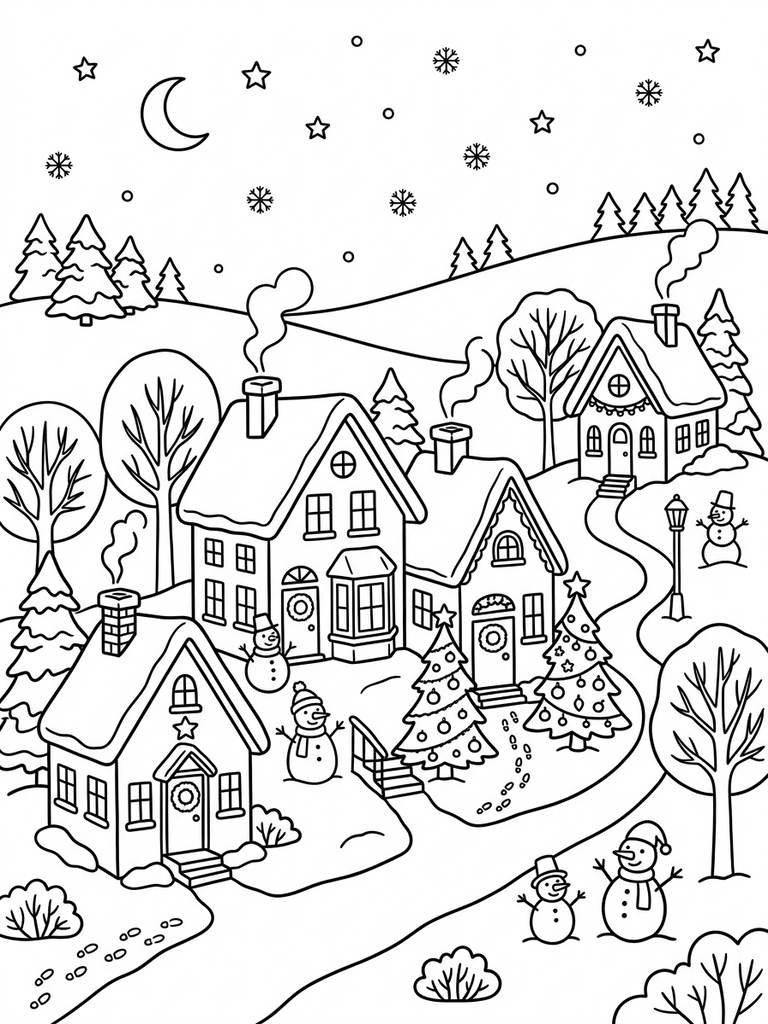 Cozy Christmas Village / Snowy House Scene Coloring Page
