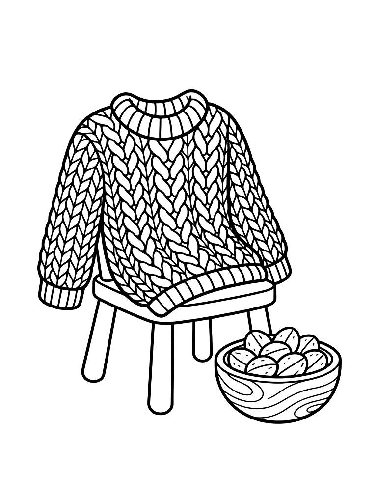 Cozy Chunky-knit Sweater Resting On A Chair Next To A Wooden Bowl Of Walnuts Coloring Page