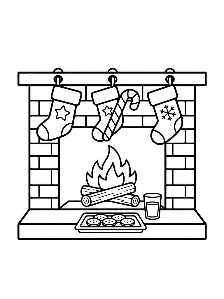Cozy Fireplace With Hanging Stockings And A Tray Of Cookies For Santa Claus Coloring Page