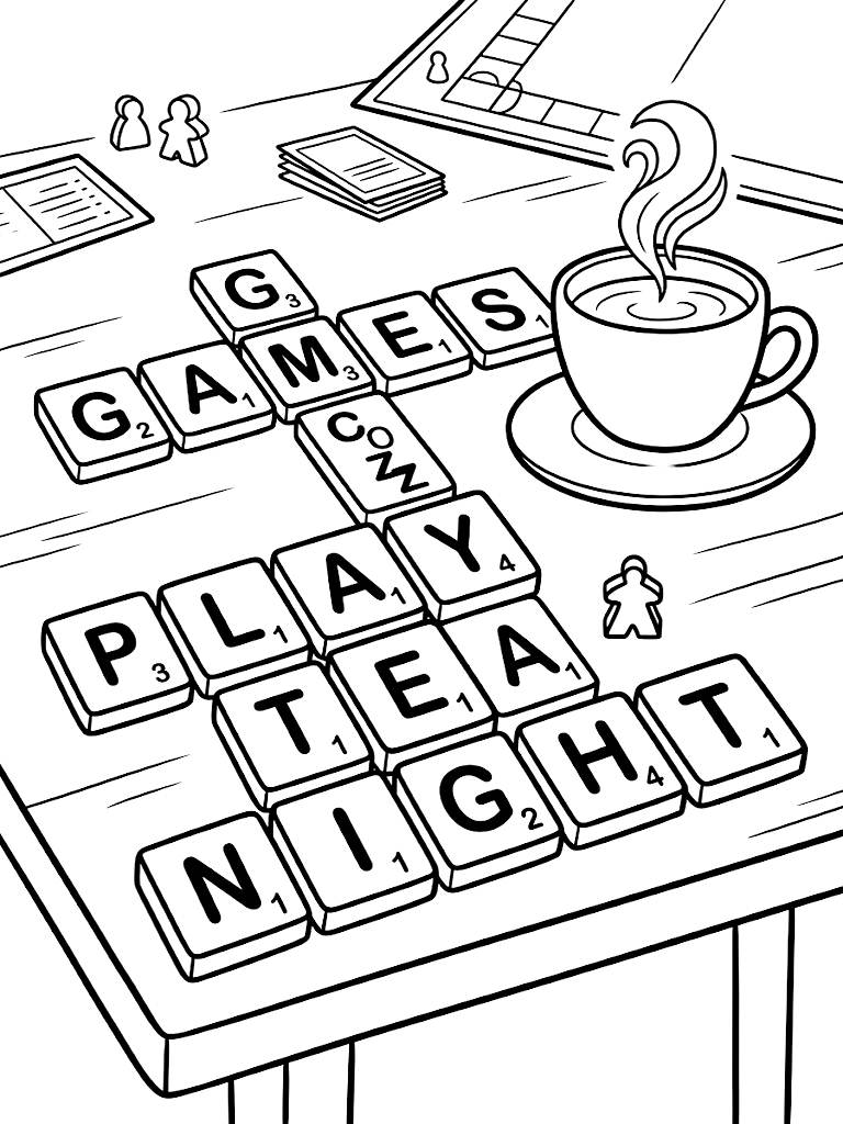 Cozy Game Night Scene Featuring Wooden Letter Tiles Spelling Fun Words Interlocking On A Table Next To A Teacup Coloring Page