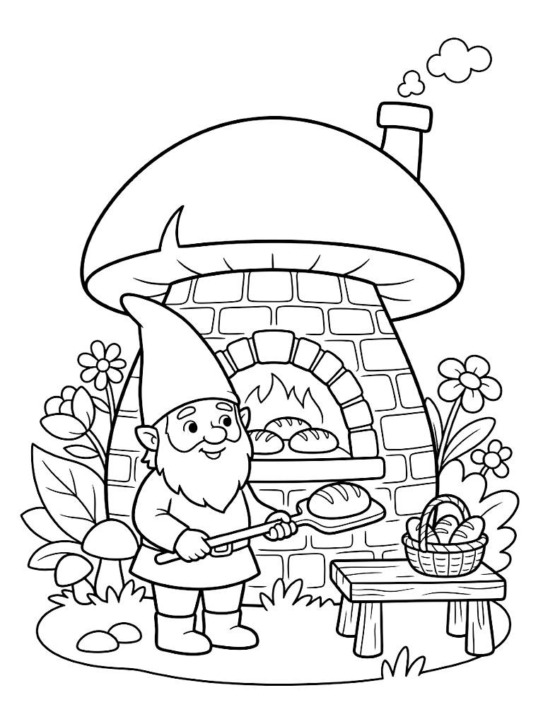 Cozy Garden Gnome Baking Miniature Loaves Of Bread In A Wood-Fired Brick Oven Shaped Like A Giant Bolete Mushroom Coloring Page