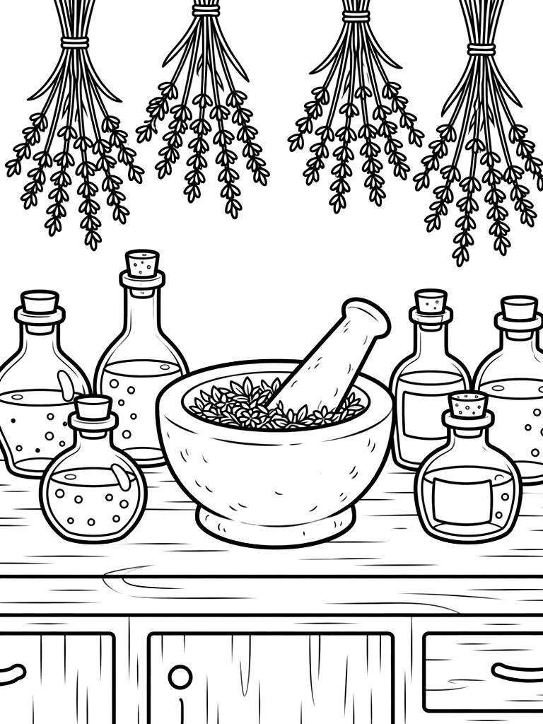 Cozy Green Witch Kitchen Counter Filled With Potion Bottles Coloring Page