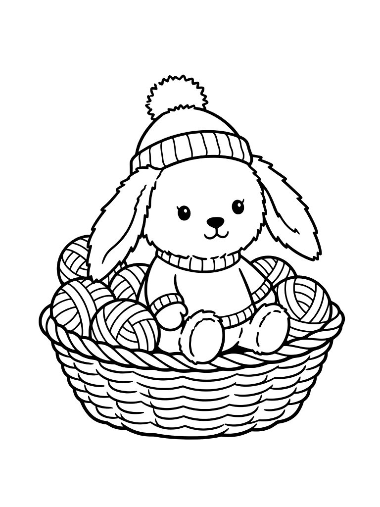 Cozy Jellycat Style Bunny Plushie Sitting In A Basket Of Pastel Yarn Balls Coloring Page