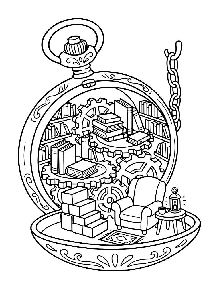 Cozy Miniature Library Built Inside An Overturned Vintage Pocket Watch With Books Stacked On Brass Gears And A Tiny Armchair Coloring Page