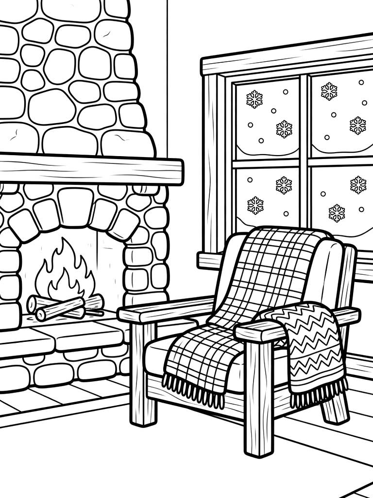 Cozy Mountain Ski Lodge Interior With A Stone Fireplace Coloring Page
