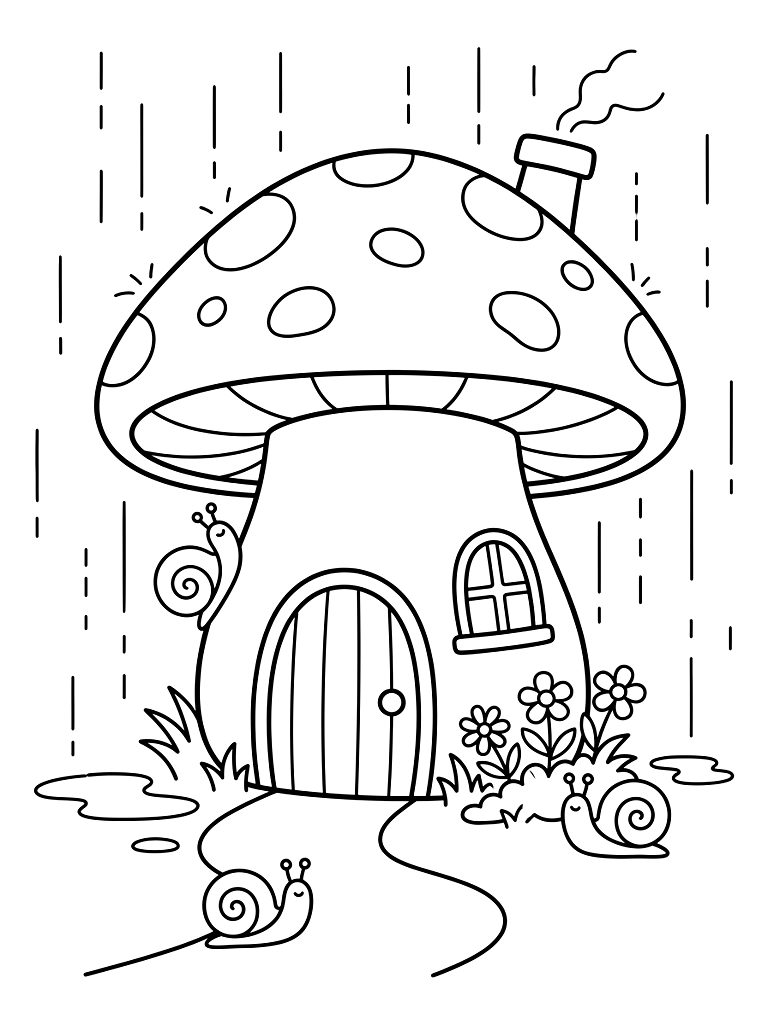 Cozy Mushroom House In Summer Rain With Snails Coloring Page