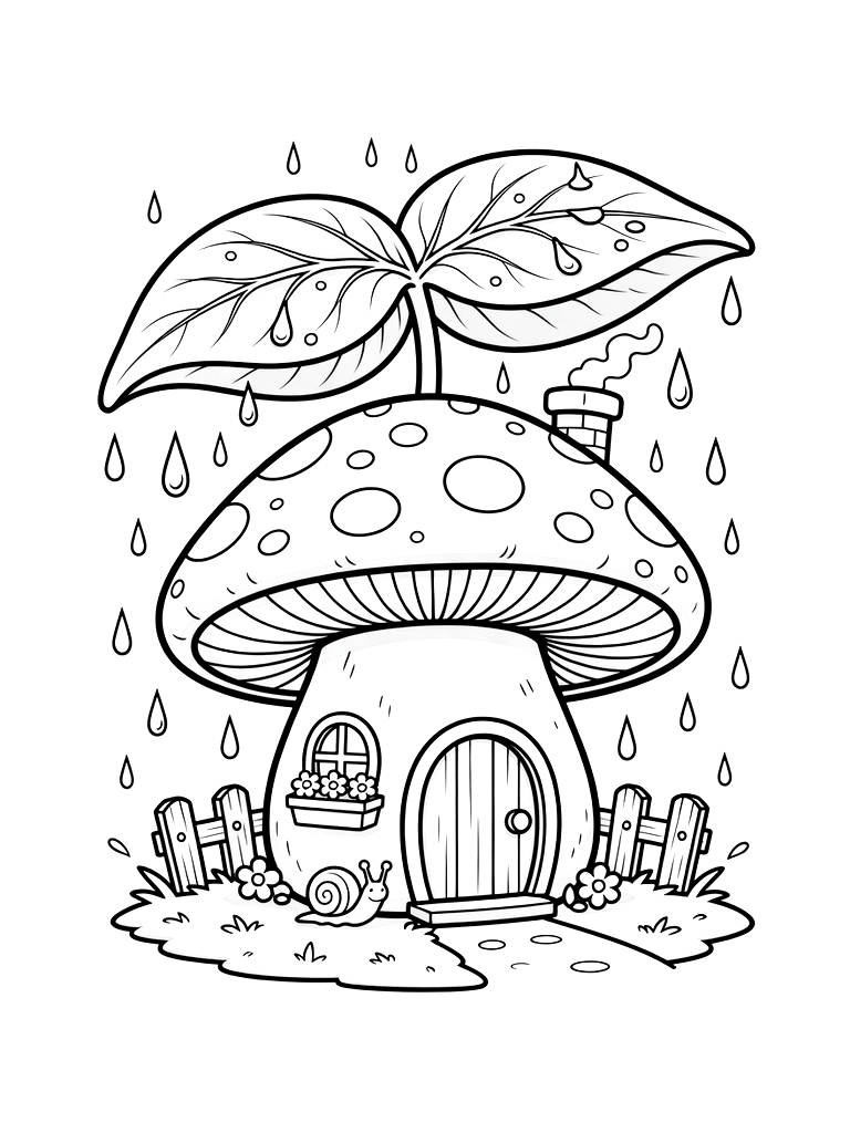 Cozy Mushroom House Under An Umbrella Leaf During A Gentle Spring Rain Shower Coloring Page