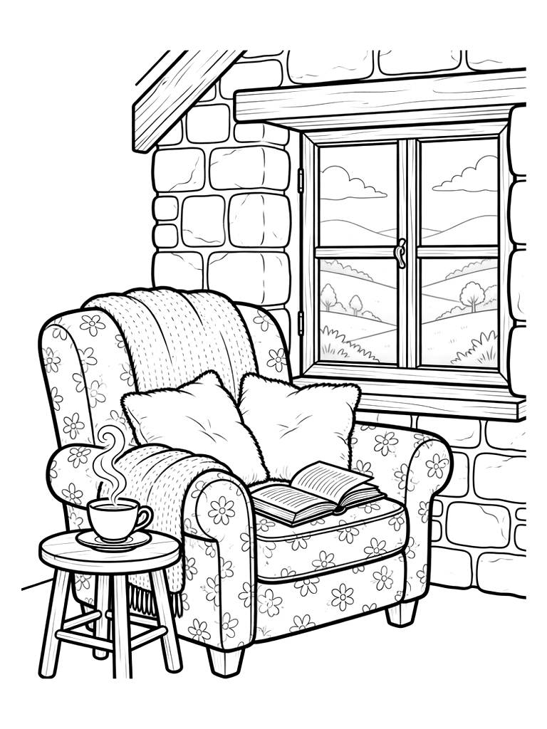 Cozy Reading Nook Inside A Stone Cottage With A Window Overlooking A Misty Spring Valley And A Steaming Cup Of Tea Coloring Page
