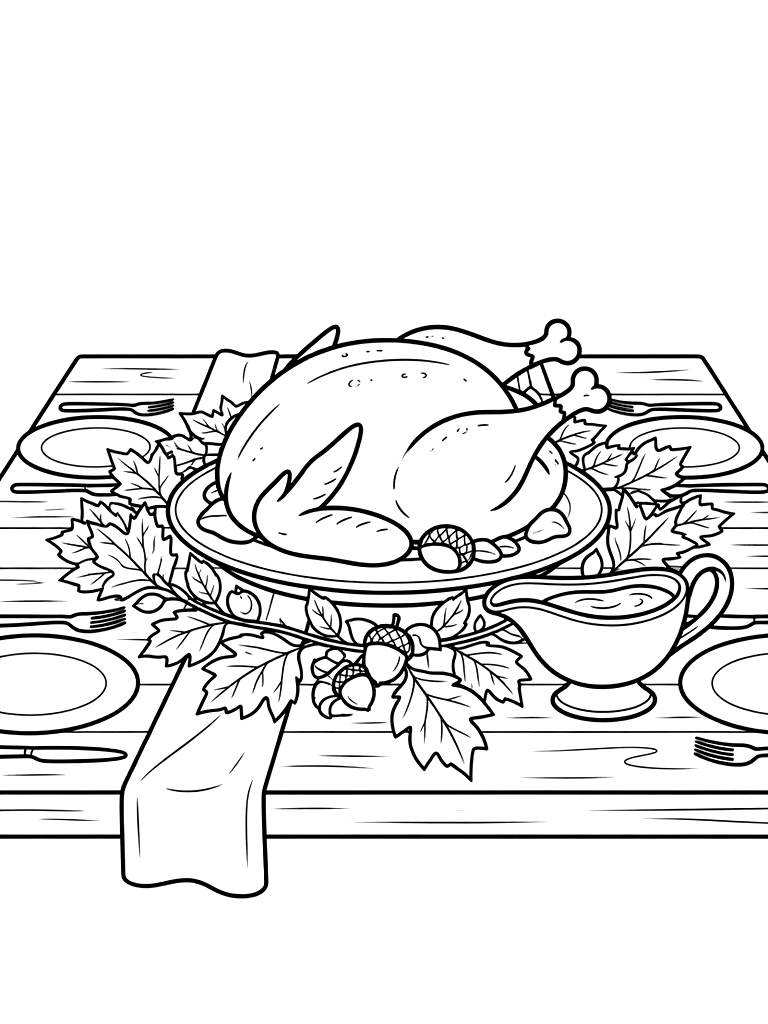 Cozy Rustic Thanksgiving Table Setting Featuring A Large Roasted Turkey Platter Coloring Page