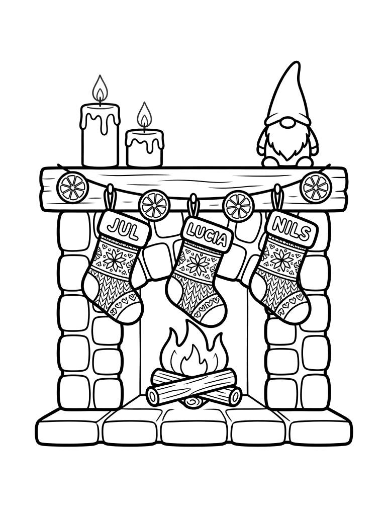 Cozy Scandinavian Style Christmas Fireplace Decorated With Dried Orange Slice Garlands Coloring Page