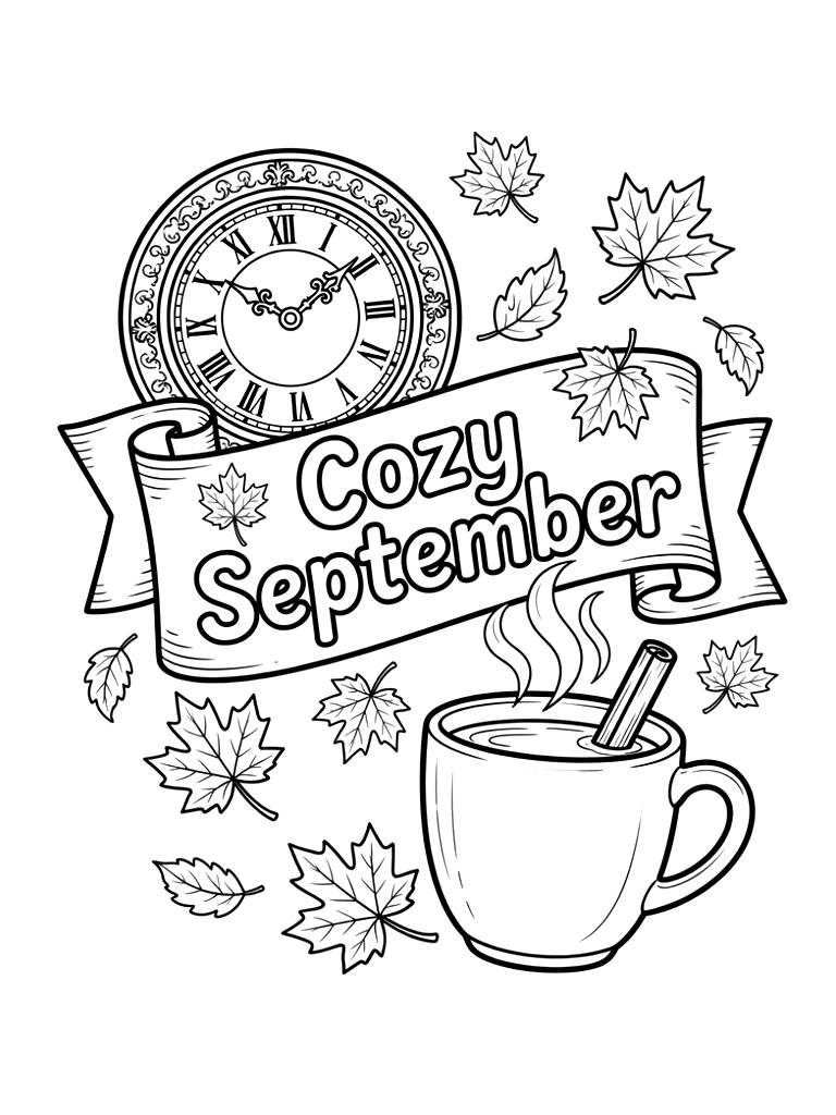 Cozy September Banner Surrounded By A Detailed Vintage Clock Coloring Page