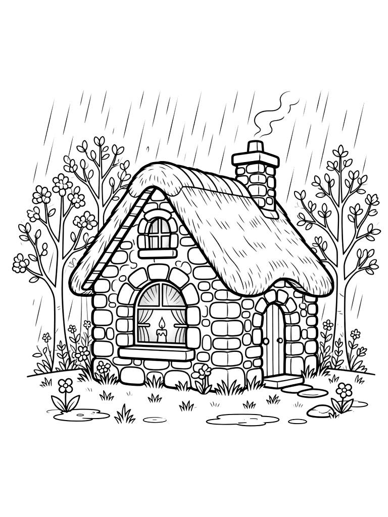 Cozy Stone Cottage Exterior With A Warm Glowing Window Nestled In A Spring Forest During A Gentle Evening Rain Shower Coloring Page
