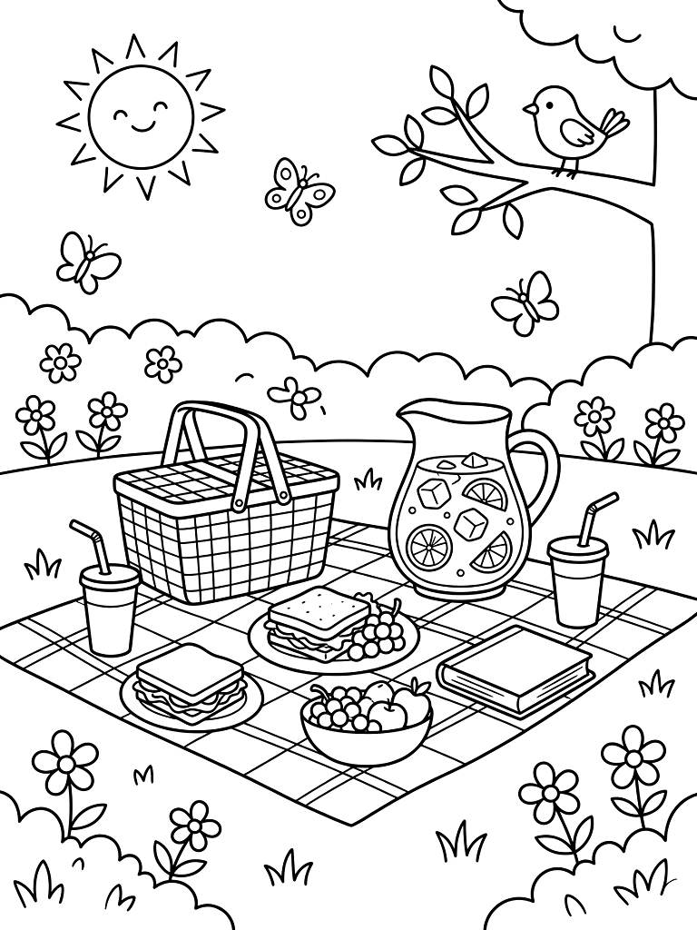 Cozy Summer Picnic & Ice Tea Garden Scene Coloring Page