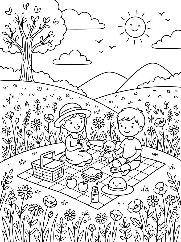 Cozy Summer Picnic On Wildflower Meadow Coloring Page