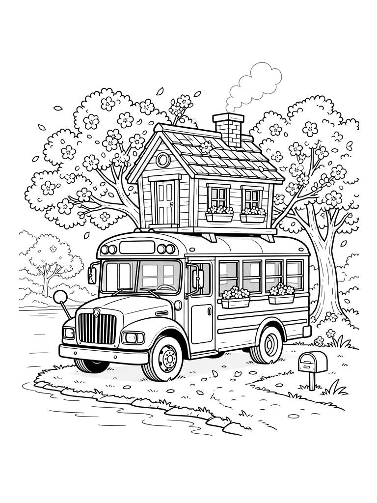 Cozy Tiny House On A Converted School Bus Parked By A Lake With Cherry Blossom Trees Coloring Page