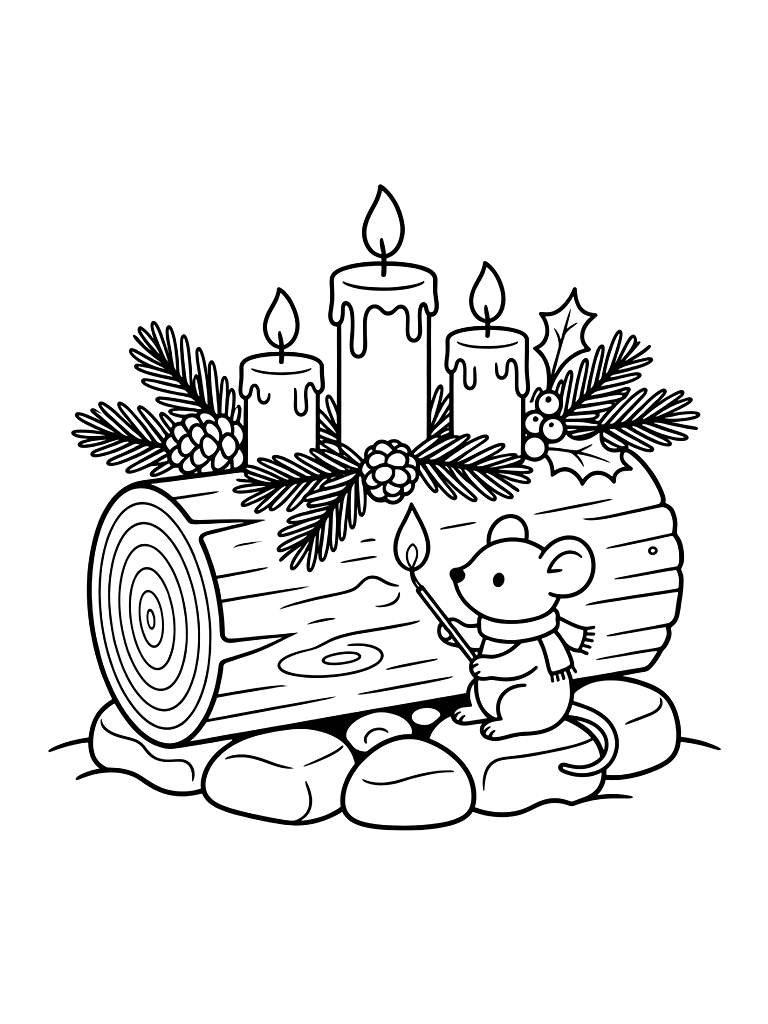 Cozy Winter Solstice Scene With A Yule Log Decorated With Evergreen Boughs And Candles Coloring Page