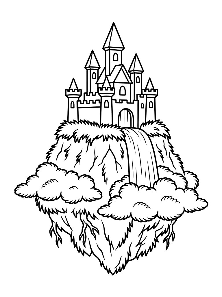 Crystal Castle Atop A Floating Mountain With A Waterfall That Turns Into Clouds Coloring Page