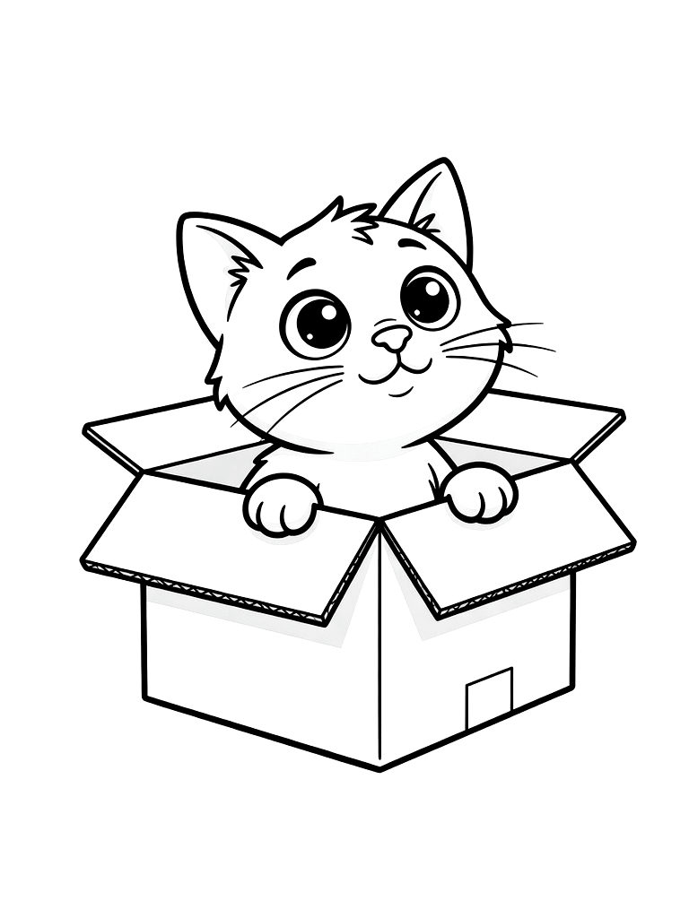 Curious Cat Peeking Out Of A Cardboard Box With Its Paws Resting On The Edge And Ears Perked Up Coloring Page