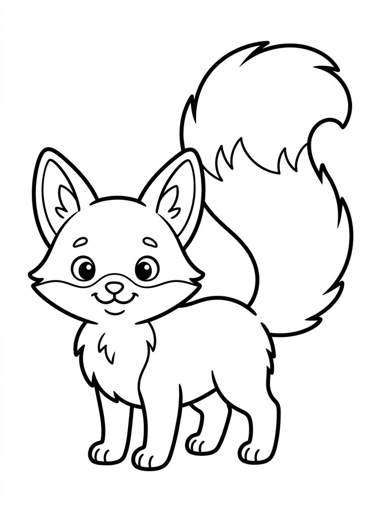 Cute Cartoon Fox With Big Fluffy Tail Coloring Page