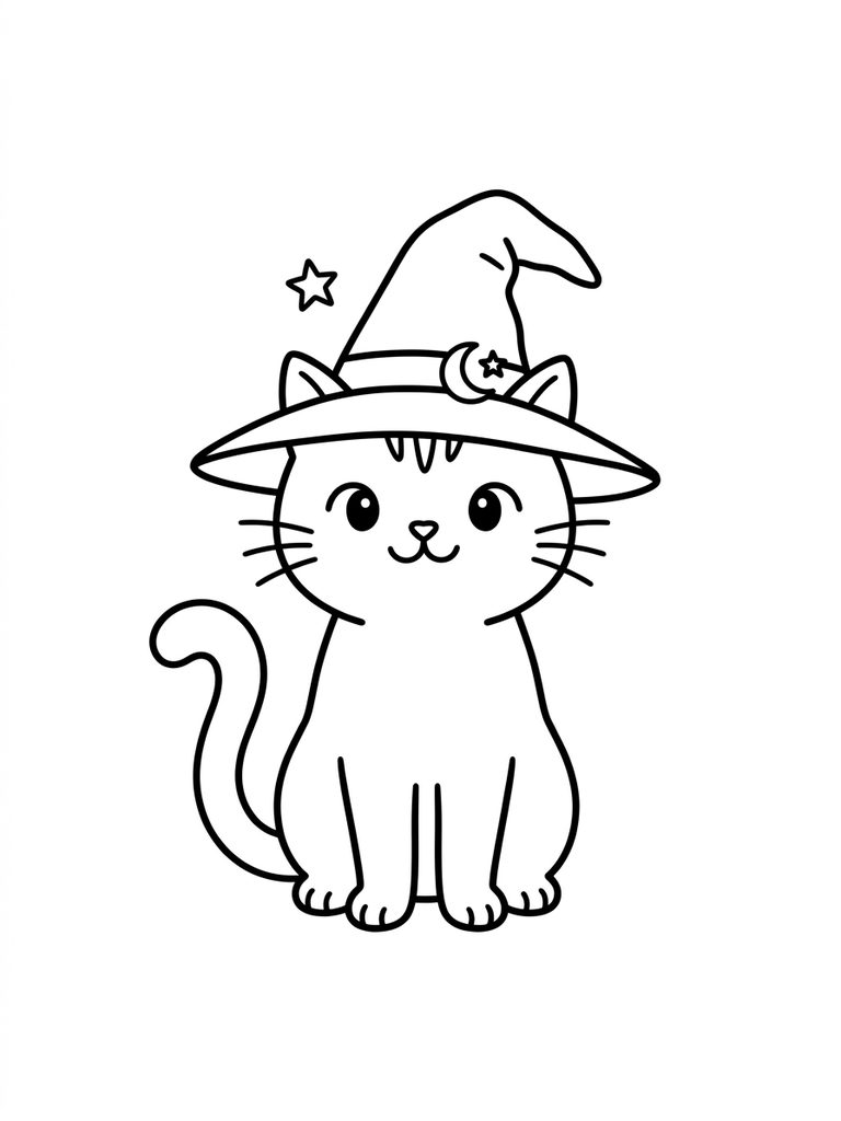 Cute Cat Wearing Witch Hat, Halloween Night Coloring Page