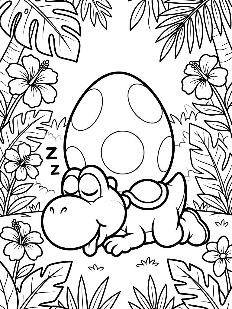 Cute Green Yoshi Sleeping Under A Giant Spotted Yoshi Egg In A Lush Tropical Jungle Filled With Colorful Exotic Flowers Coloring Page