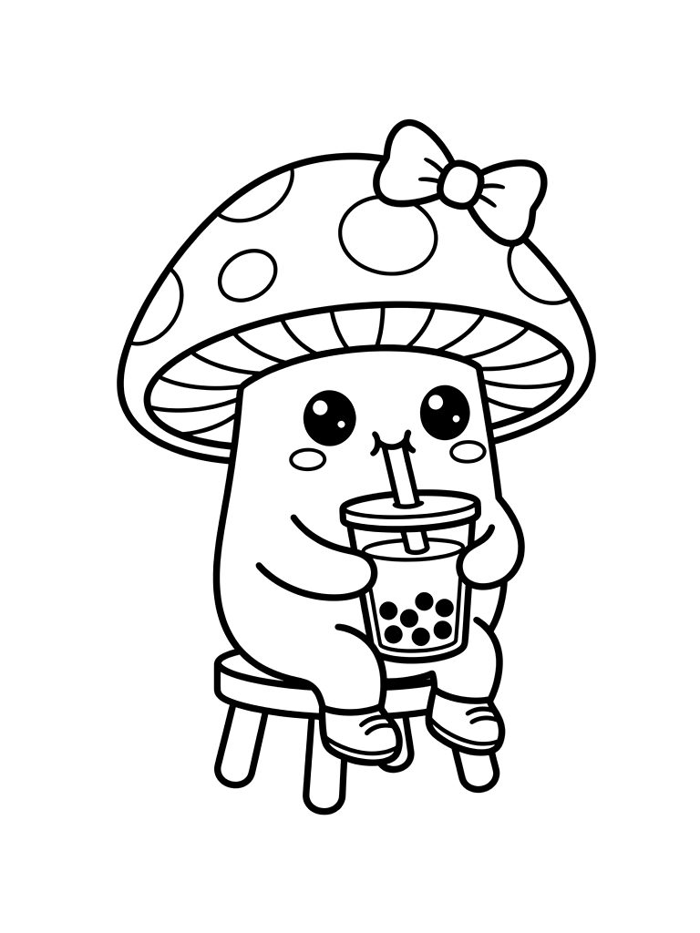 Cute Kawaii Mushroom Character Drinking Bubble Tea Coloring Page