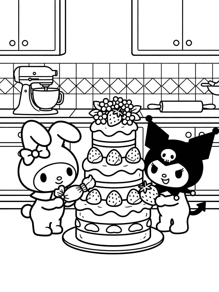 Cute Kuromi And My Melody Characters Decorating A Towering Tiered Spring Strawberry Shortcake Together In A Retro Pastel Kitchen Coloring Page