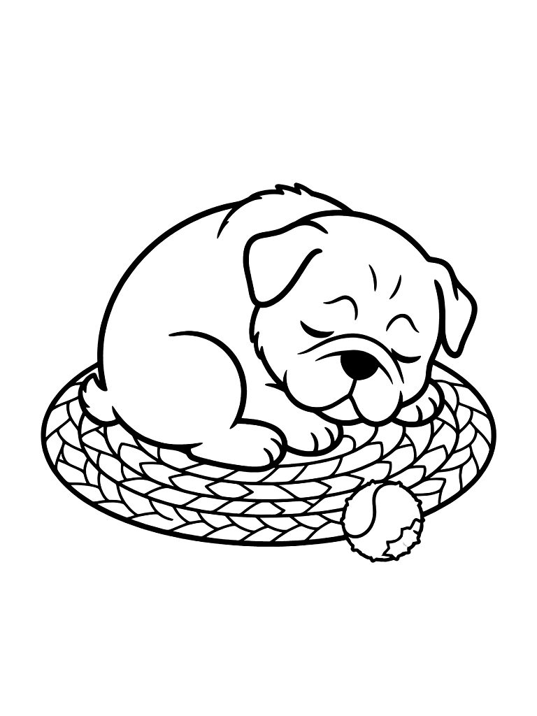 Cute Pug Puppy Curled Up Asleep On A Colorful Braided Rug Next To A Chewed-up Tennis Ball Coloring Page