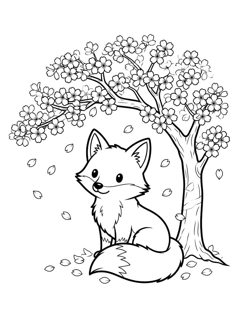 Cute Red Fox Sitting Peacefully Under A Blooming Cherry Blossom Tree With Pink Petals Falling Gently Around It Coloring Page