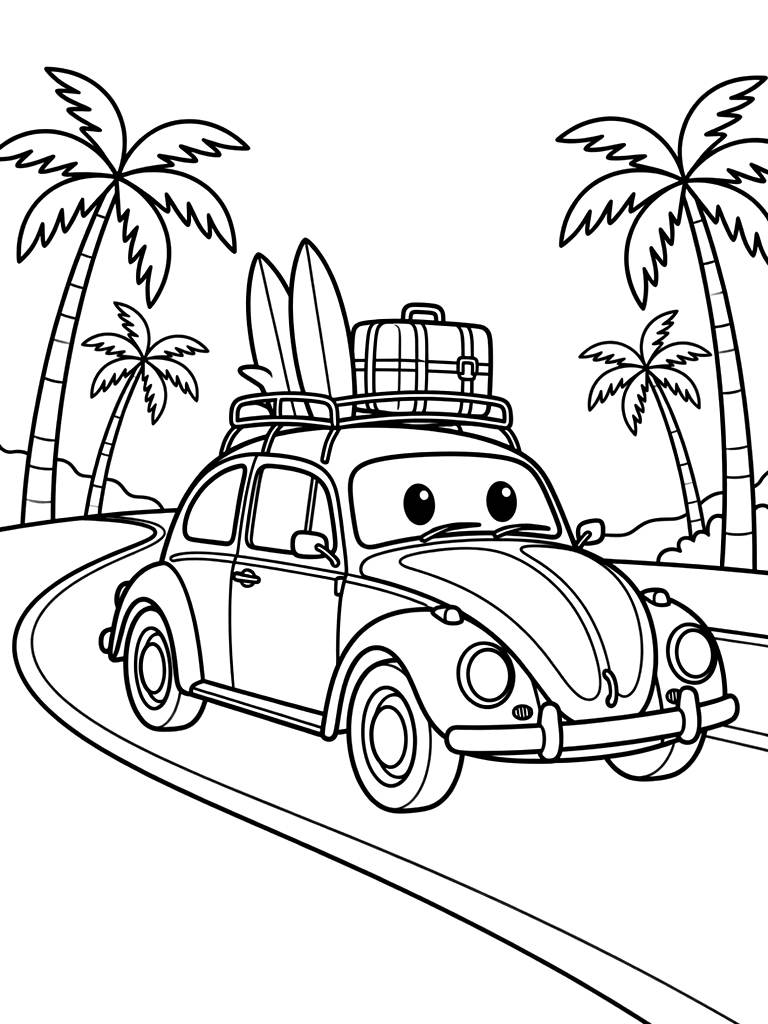 Cute Retro Volkswagen Beetle Car Driving Down A Coastal Road With A Roof Rack Holding Surfboards And Luggage Under Palm Trees Coloring Page