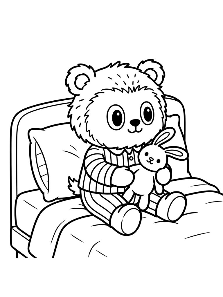 Cute Teddy Bear Wearing A Striped Pajama Set And Holding A Small Stuffed Bunny While Sitting On A Bed Coloring Page