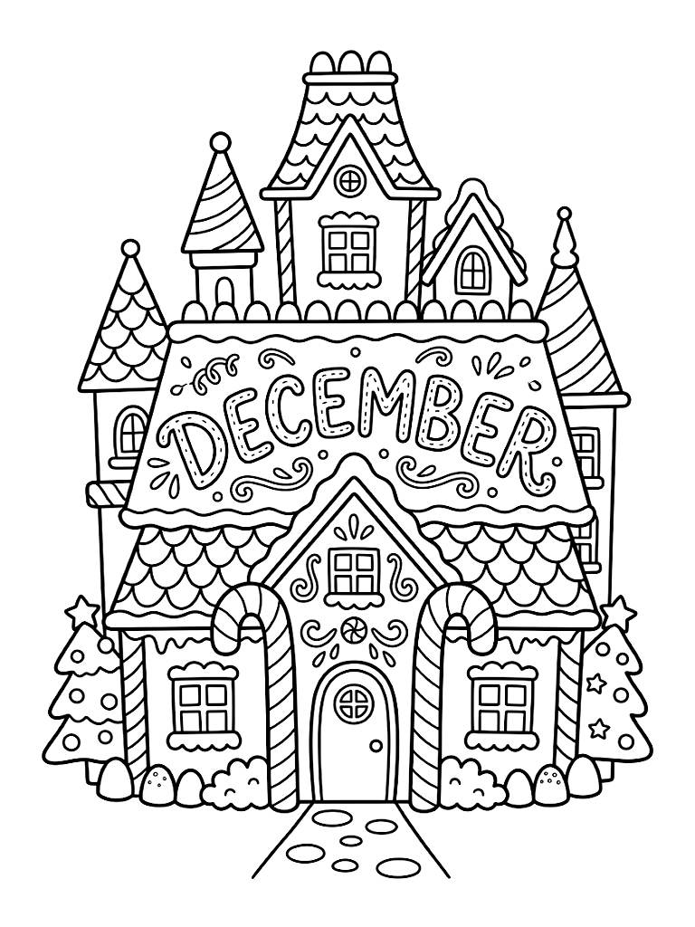 December Lettering Styled Out Of Piped Royal Icing Decorating An Elaborate Gingerbread Mansion With Candy Cane Pillars Coloring Page