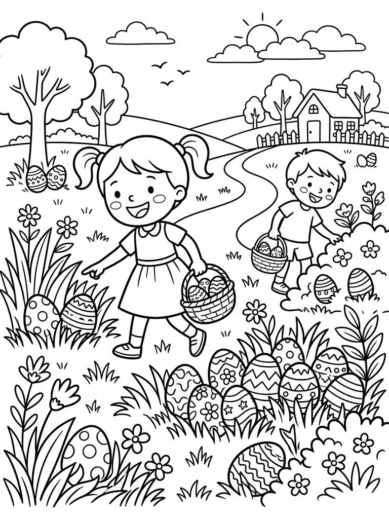 Decorated Easter Eggs Patterns / Egg Hunt Scene Coloring Page