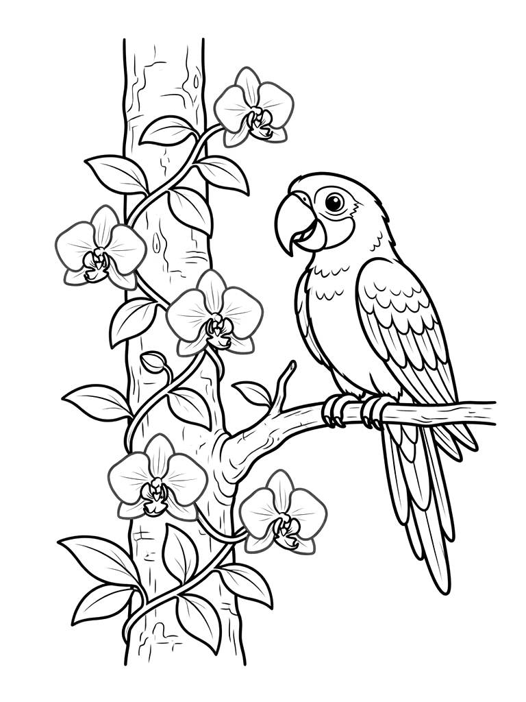 Delicate Vanilla Orchid Vine Climbing A Tropical Tree Trunk With A Colorful Parrot Perched Nearby Coloring Page