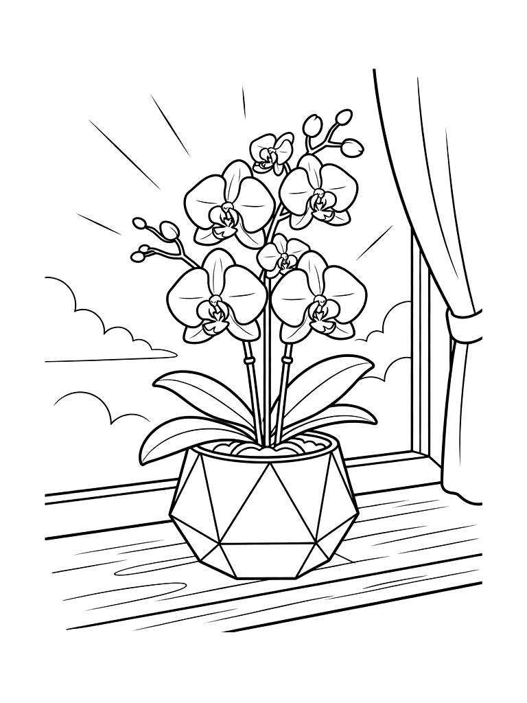 Delicate White Phalaenopsis Orchids In A Geometric Copper Planter On A Sunlit Windowsill Coloring Page