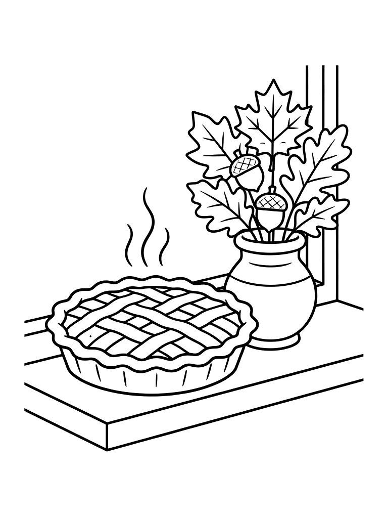 Delicious Pumpkin Pie With A Lattice Crust Cooling On A Windowsill Next To A Vase Of Autumn Leaves Coloring Page