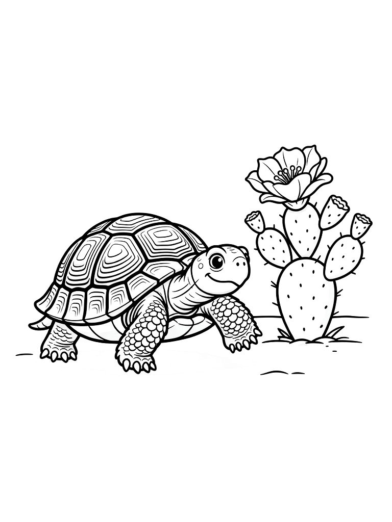 Desert Tortoise Walking Slowly Past A Blooming Pink Prickly Pear Cactus Coloring Page