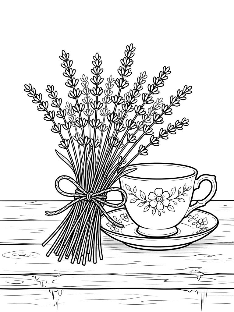 Detailed Bundle Of Fresh Lavender Tied With A Rustic Twine Bow Lying Next To A Vintage Teacup On A Distressed Wooden Table Coloring Page