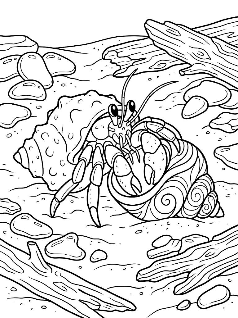 Detailed Close-Up Of A Curious Hermit Crab Changing Shells On A Sandy Beach Surrounded By Smooth Sea Glass And Driftwood Coloring Page