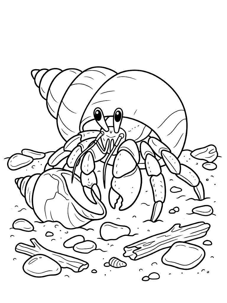 Detailed Close-Up Of A Curious Hermit Crab Changing Shells On A Sandy Beach Surrounded By Smooth Sea Glass And Driftwood Coloring Page