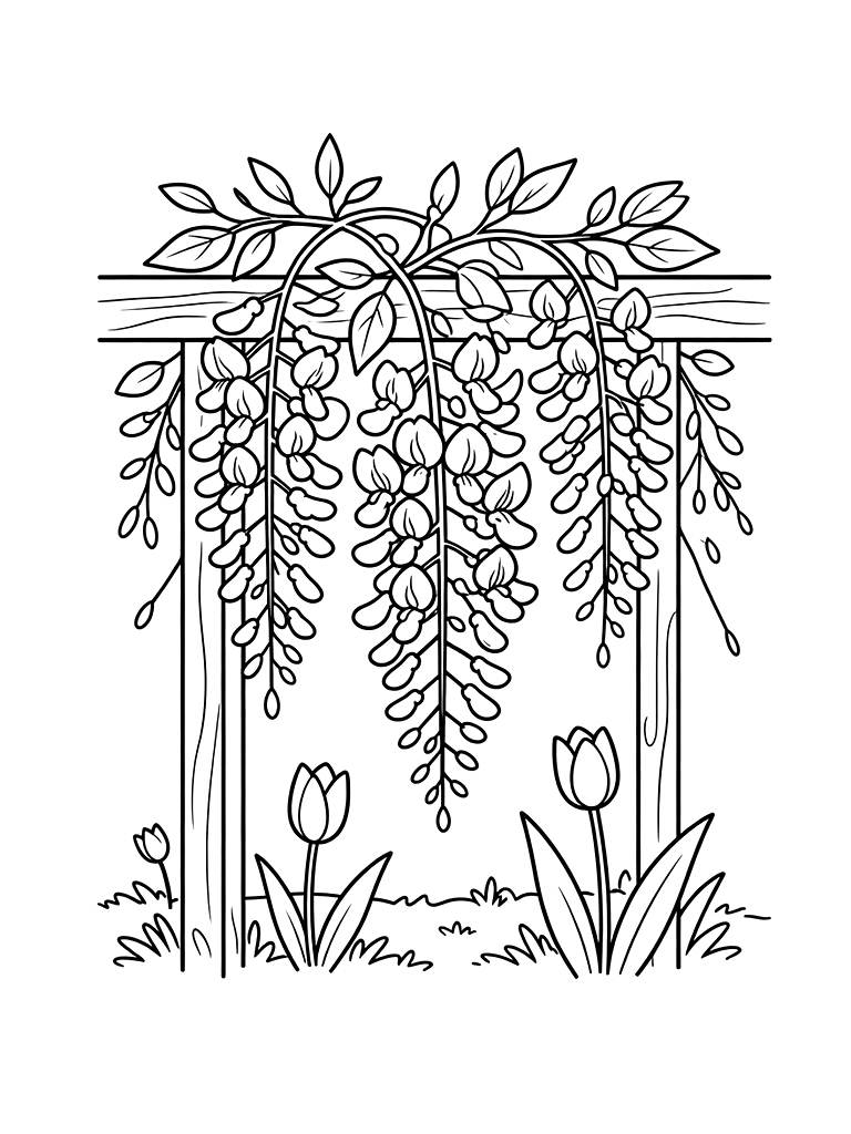 Detailed Cluster Of Purple Wisteria Hanging From A Wooden Trellis In A Spring Garden Coloring Page