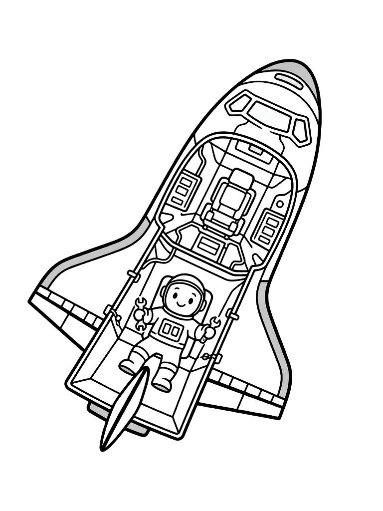 Detailed Cross-section Of A Space Shuttle Showing The Cockpit And Cargo Bay With An Astronaut Coloring Page